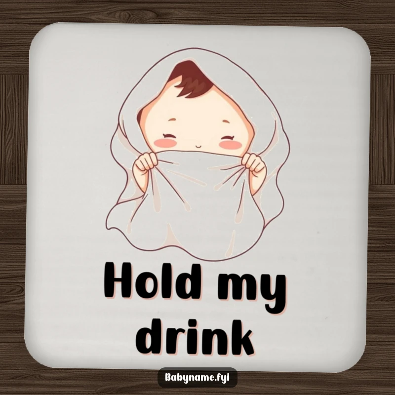 Funny baby blanket coaster featuring tiny hands playfully tugging a soft blanket, protecting surfaces with humor.