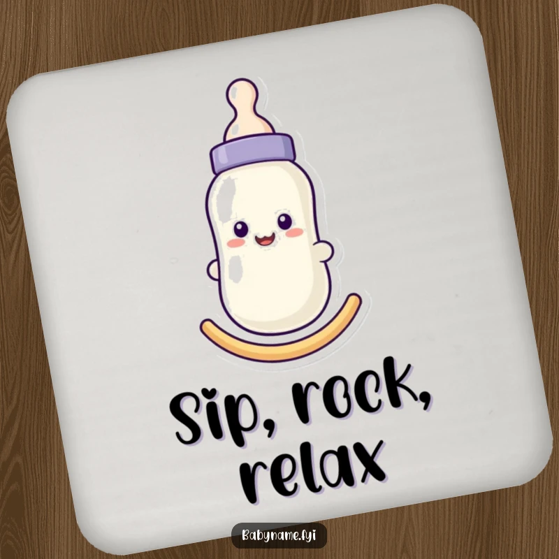 Funny baby bottle coasters with a smiling face, gently rocking, protecting surfaces with nurturing humor and charm.