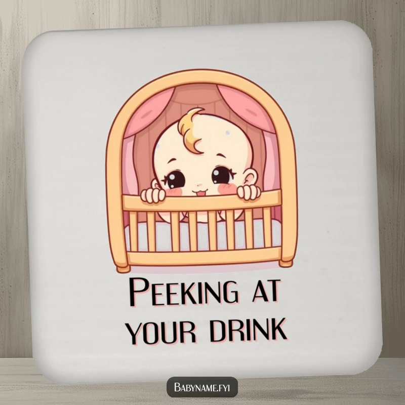 Funny coaster with a mischievous baby character peeking from a crib. Protects surfaces with playful humor.