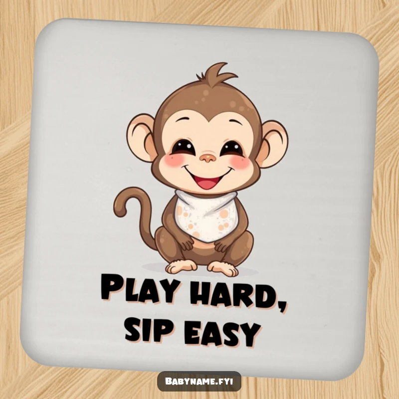 Funny smiling baby monkey wearing a bib, joyfully messy with smudges, adding a whimsical and humorous accent to this protective drink coaster.