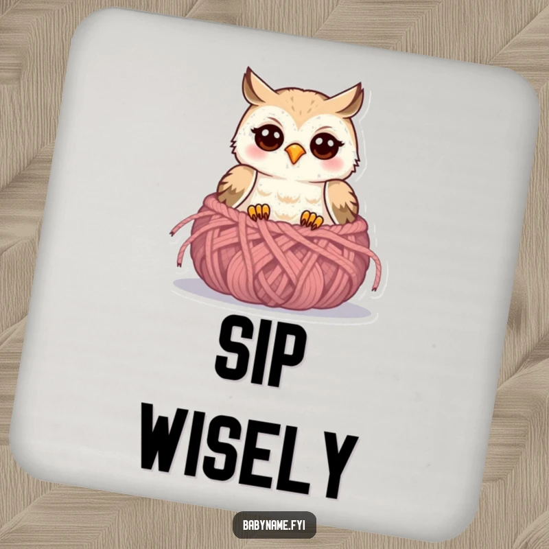 Funny baby owl drink coasters featuring a cute owlet in a knitted nest, protecting surfaces with charm.