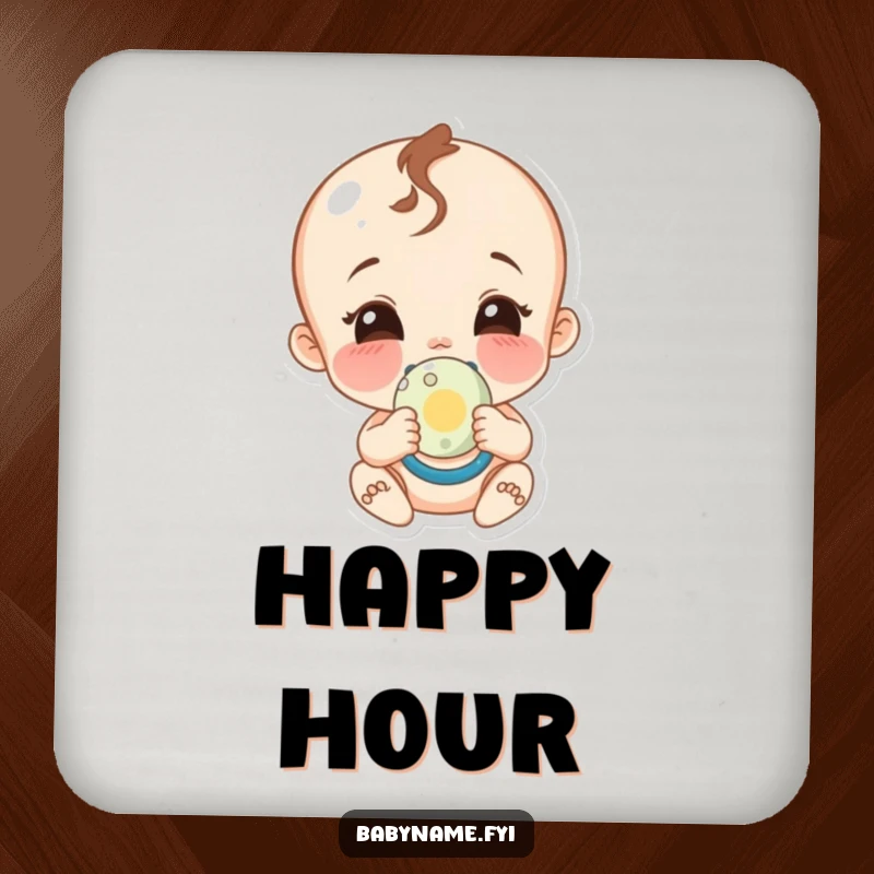 Funny baby pacifier coasters, a set of protective mats featuring a giggling baby character holding a pacifier with a wide smile.