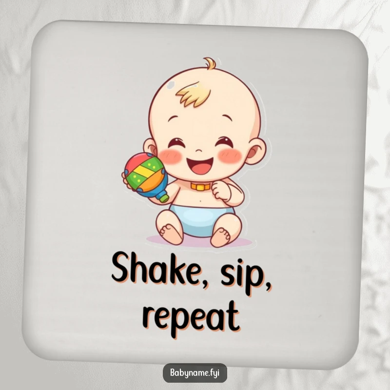 Funny coaster with a happy baby character shaking a colorful rattle. Protects surfaces with cheerful humor.