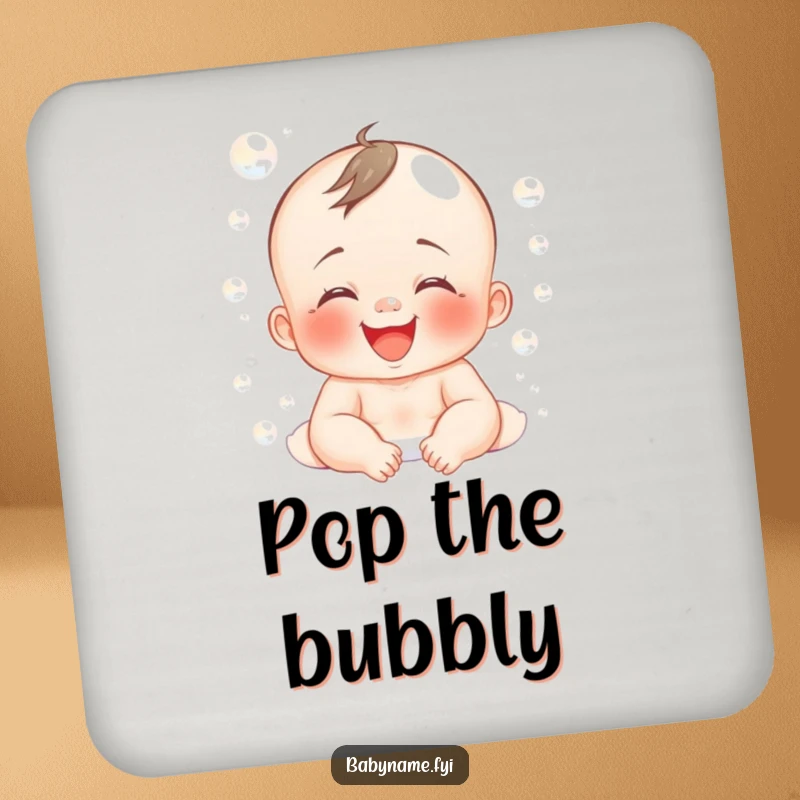 Funny drink coaster with a giggling baby covered in bubbles, adding a playful touch.