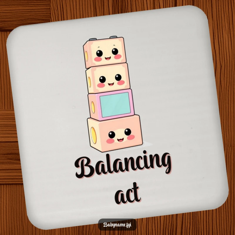 Funny building block coaster featuring a cheerful, precariously stacked character, protecting surfaces with humor.