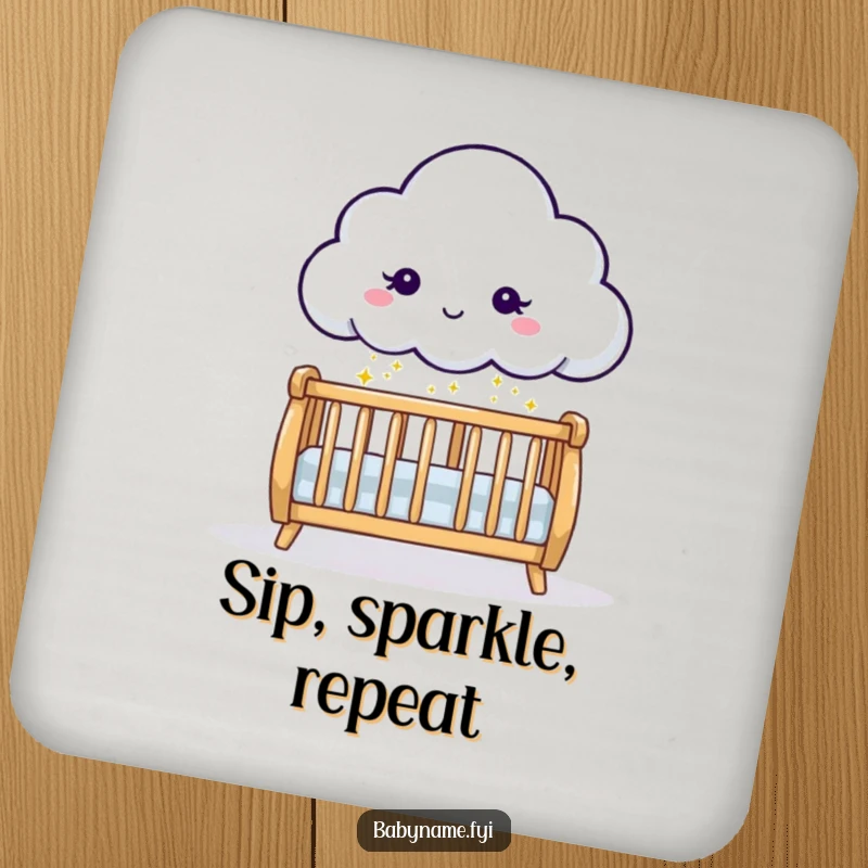 Funny playful cloud character sprinkling gentle sparkles downward onto a crib, illustrated on a drink coaster, a cute baby shower favor.