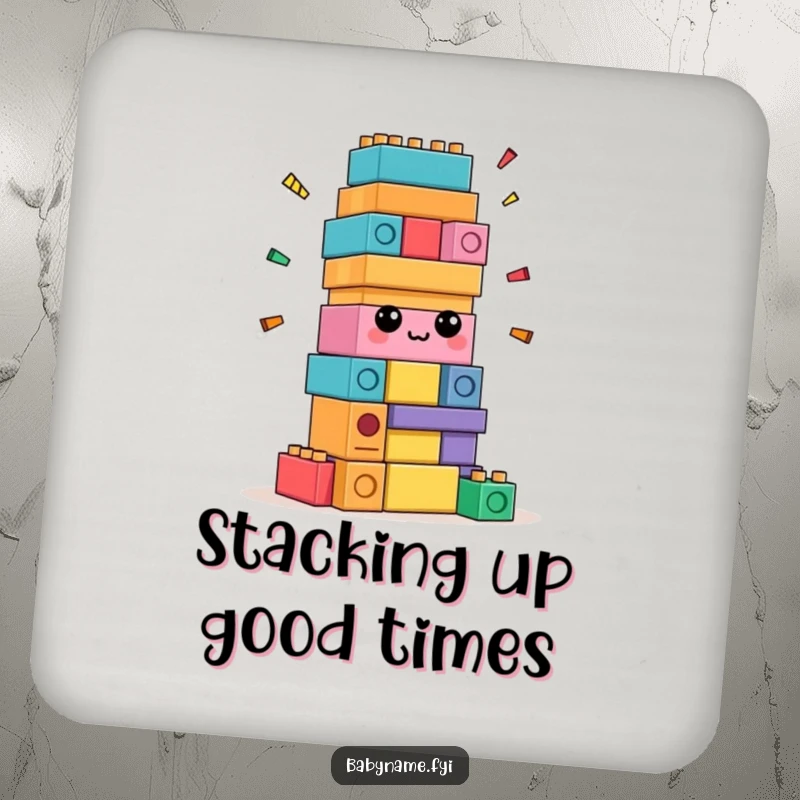 Funny confused building blocks drink coasters, set protecting surfaces with blocks attempting self-assembly, humorous decor.
