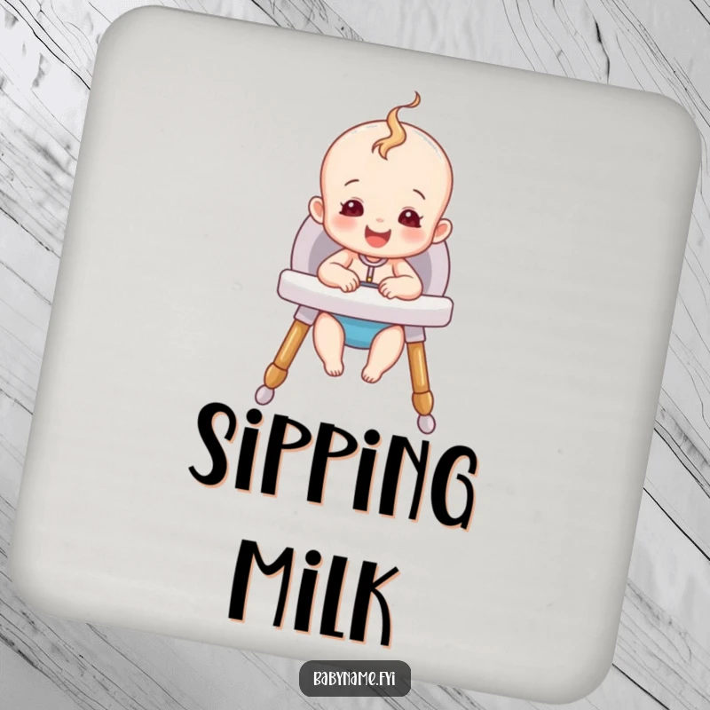 Funny Happy Baby Coaster with a cute baby sitting happily in a cozy high chair, providing surface protection with humor.