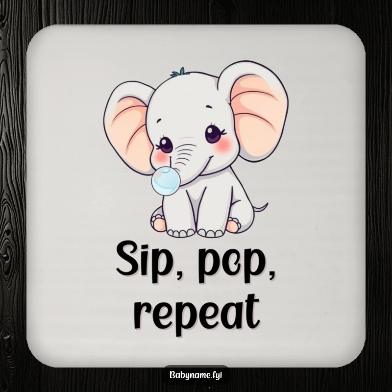 Funny kawaii baby elephant with oversized ears, blowing a tiny bubble, adding a whimsical and humorous accent to this protective drink coaster.