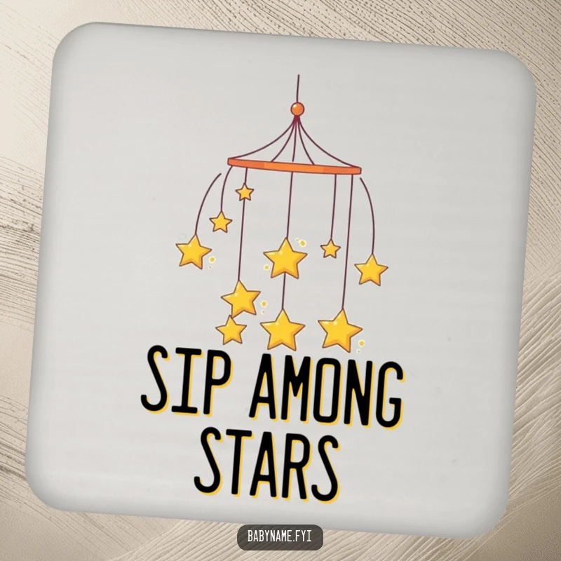 Funny curious mobile drink coasters, with hanging stars spinning slowly, protecting surfaces with charm.