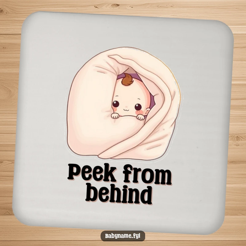 Funny baby blanket character peeking from behind a pillow, designed on a protective drink coaster. A charming and humorous house accessory.