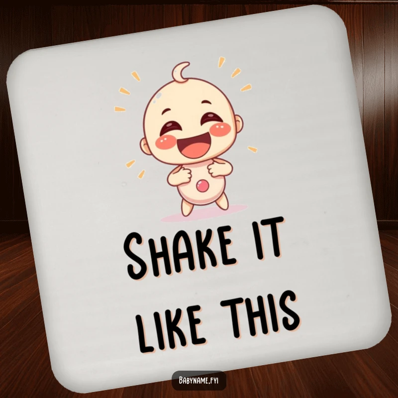 Funny baby rattle character shaking with exaggerated glee, printed on a protective drink coaster. A charming and humorous house accessory.