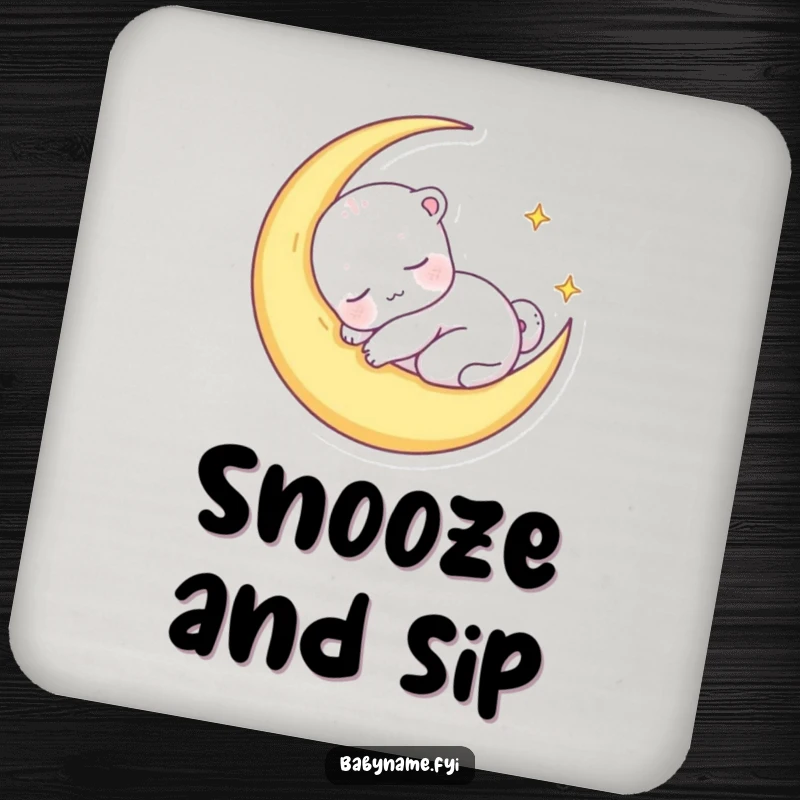 Funny drink coaster with a sleepy baby animal character snuggled in a crescent moon, protecting surfaces with dreamy charm.
