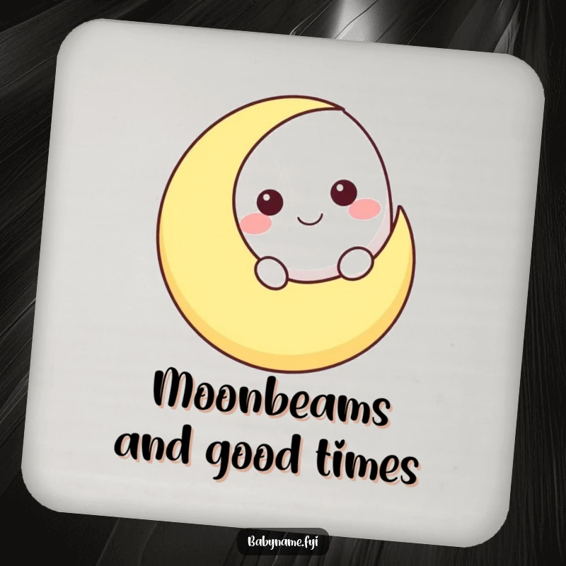 Funny smiling moon character peeking over a crescent moon shape, illustrated on a drink coaster for celestial parties or home.