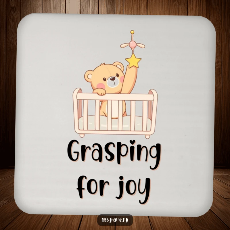 Funny teddy bear reaching for a crib mobile, designed on a protective drink coaster. A charming and humorous housewarming gift.