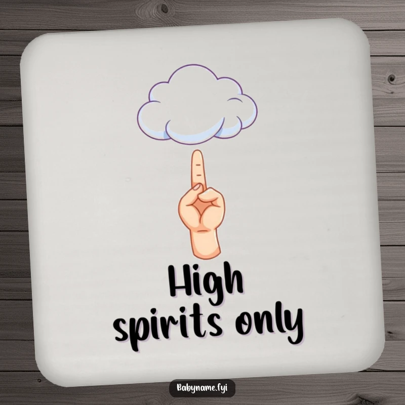 Funny drink coaster with a tiny hand reaching for a cloud, adding a whimsical touch to any surface.