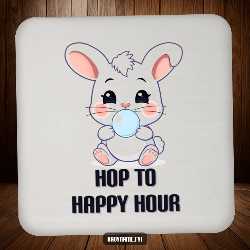 Funny cheeky baby bunny with pacifier, giggling and bouncing, adding a whimsical and humorous accent to this protective drink coaster.