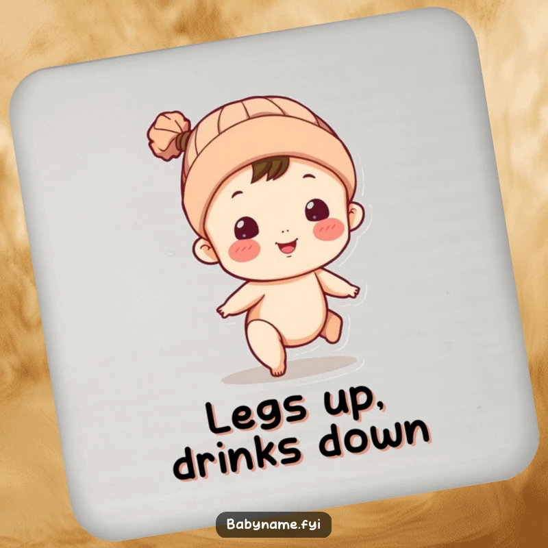 Funny coaster with a baby character in a knitted cap, kicking legs. Protects surfaces with humor.