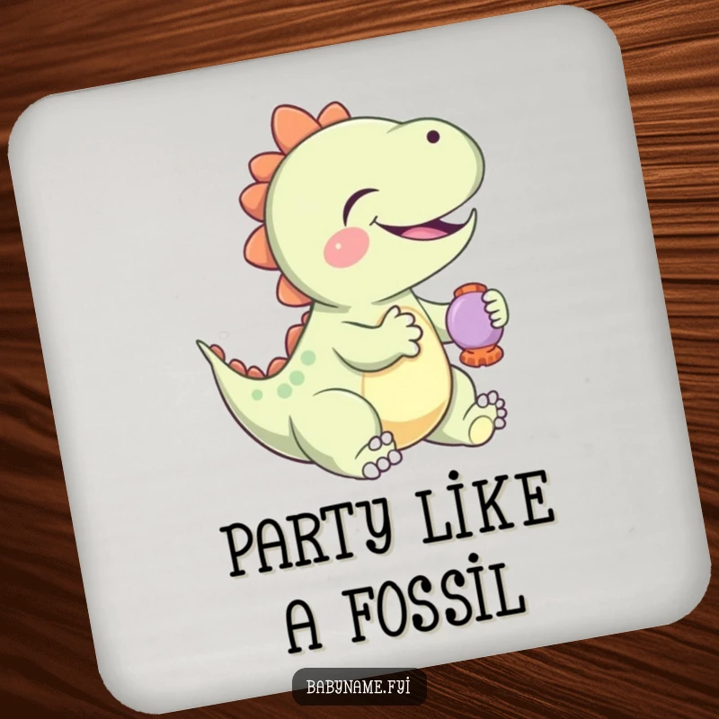 Funny Coaster featuring a giggling baby dinosaur playing with a rattle, adding a humorous and playful touch to surface protection.