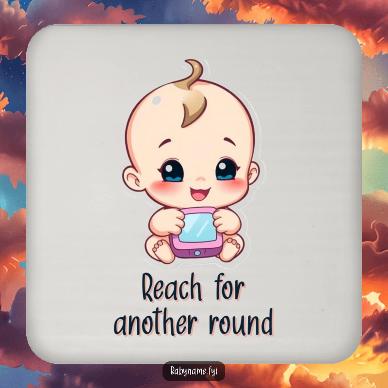 Funny baby coaster featuring a smiling baby character reaching for a mobile, adding a touch of curiosity while protecting surfaces.