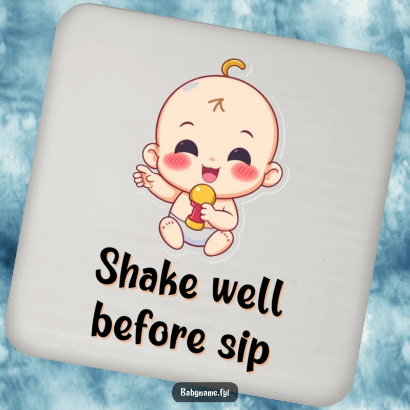 Funny baby coaster featuring a cheerful baby character shaking a rattle, adding a playful touch while protecting surfaces.