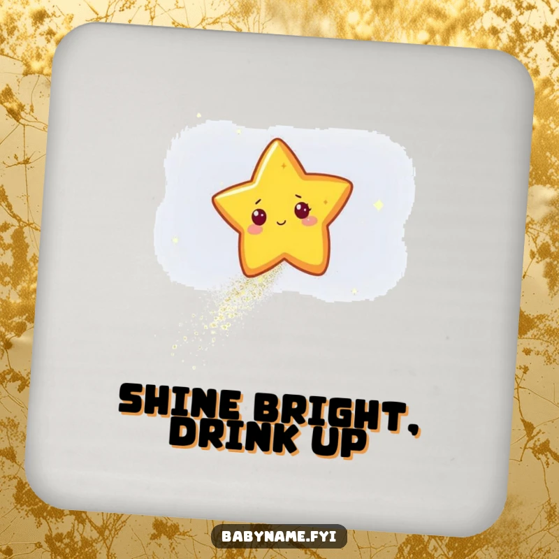 Funny star character leaving a sparkling trail of glitter across a dark sky, illustrated on a drink coaster for celestial parties or home.