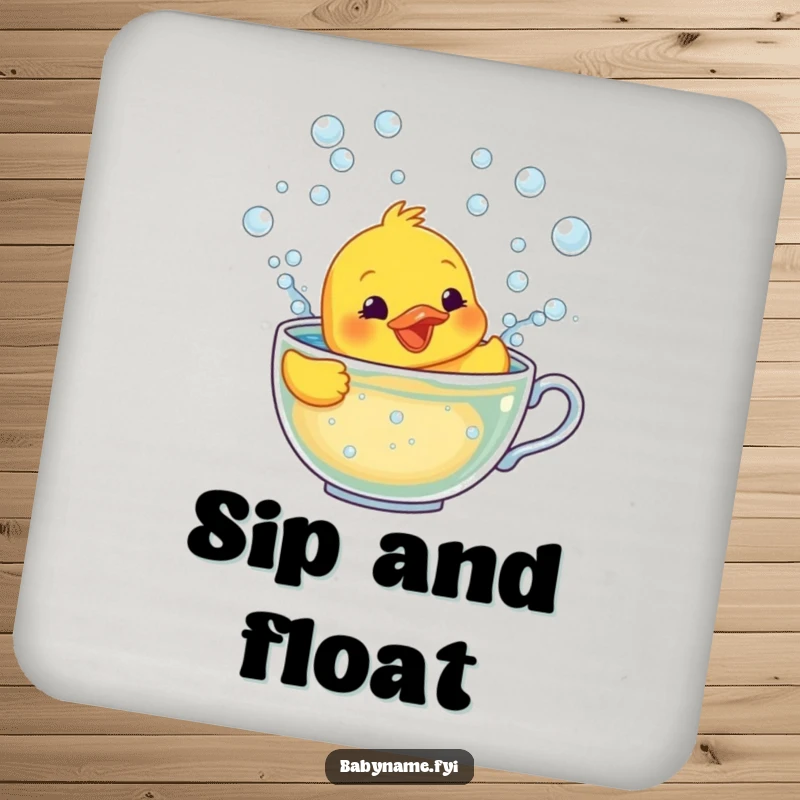 Funny drink coaster with a smiling rubber ducky character frantically swimming in a teacup full of bubbles.