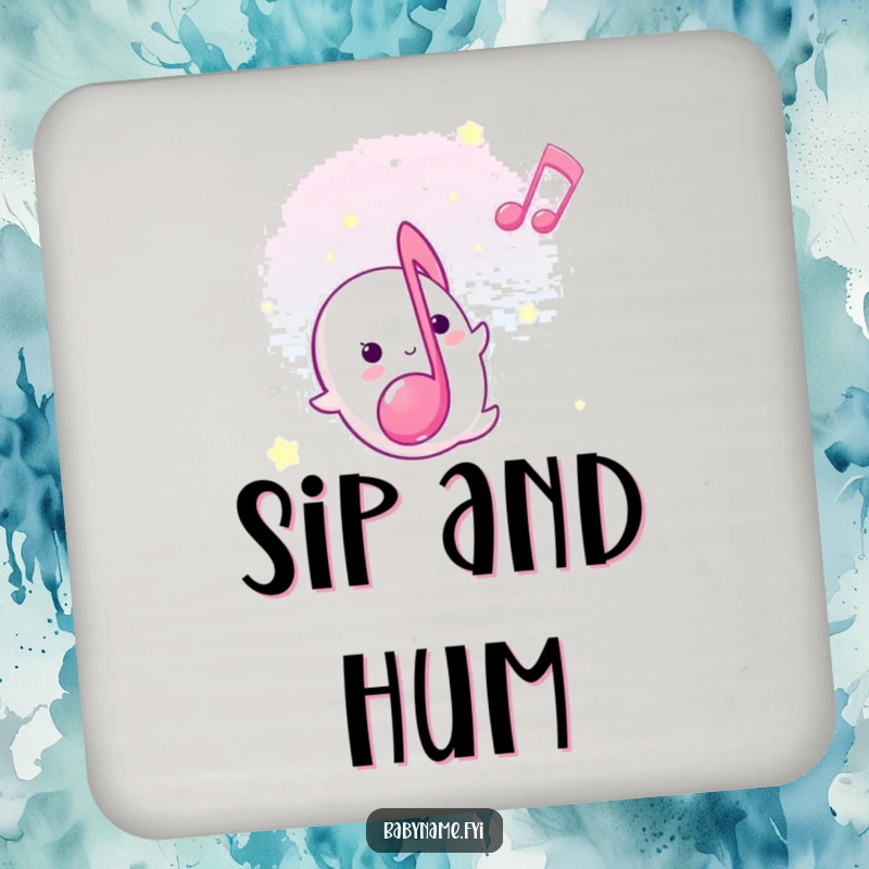 Funny lullaby musical note coaster, floating gently upward, protecting surfaces with sweet, humorous style.