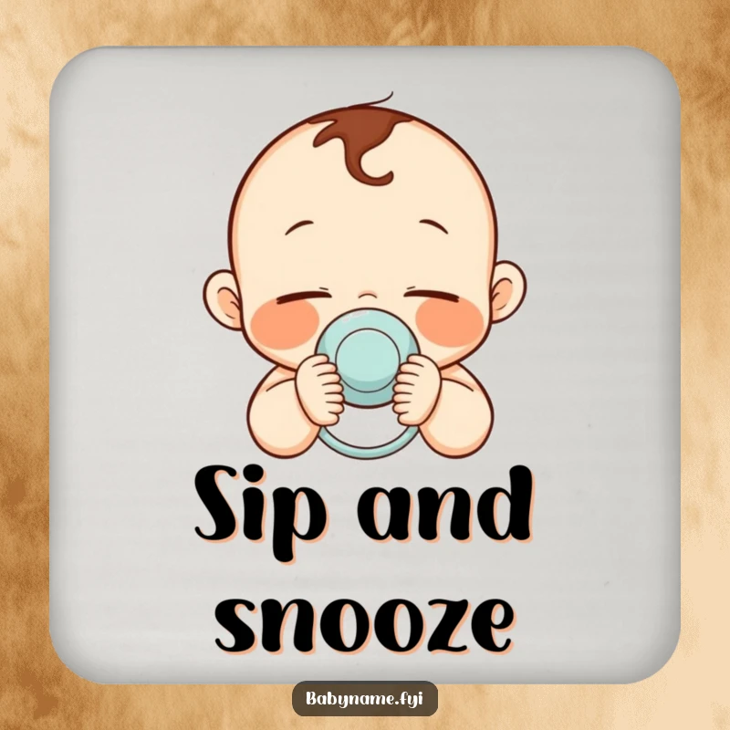 Funny drink coaster with a sleepy baby holding a pacifier, bringing a sense of calm.
