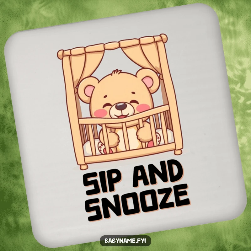 Funny giggling teddy bear peeking from a crib, as a protective drink coaster, delivering cute and humorous baby vibes.