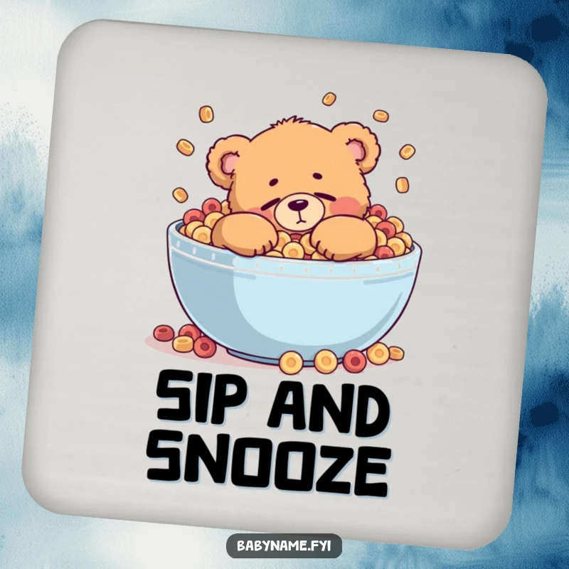 Funny drink coaster with a chubby teddy bear character attempting to doze off inside a giant, overflowing bowl of cereal.