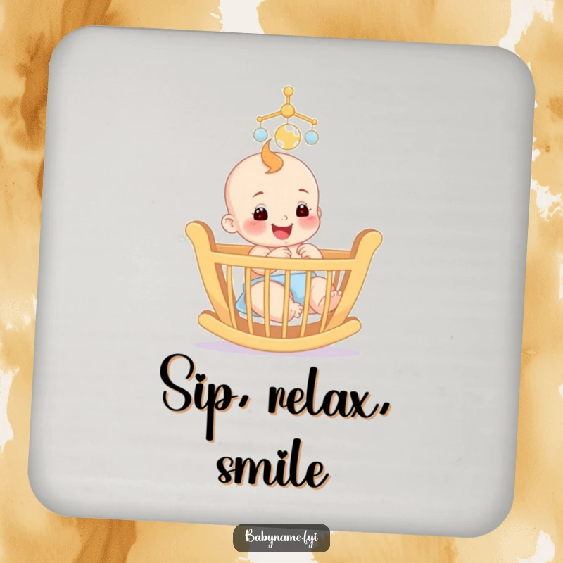Funny coaster featuring a smiling baby reaching for a colorful mobile above a crib, adding charm to drink service.