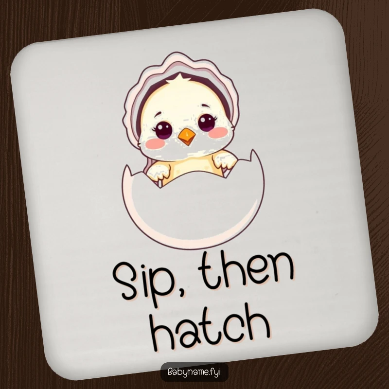 Funny Baby Bird Coaster featuring a cute baby bird in a bonnet peeking from an egg, protecting surfaces with adorable charm.