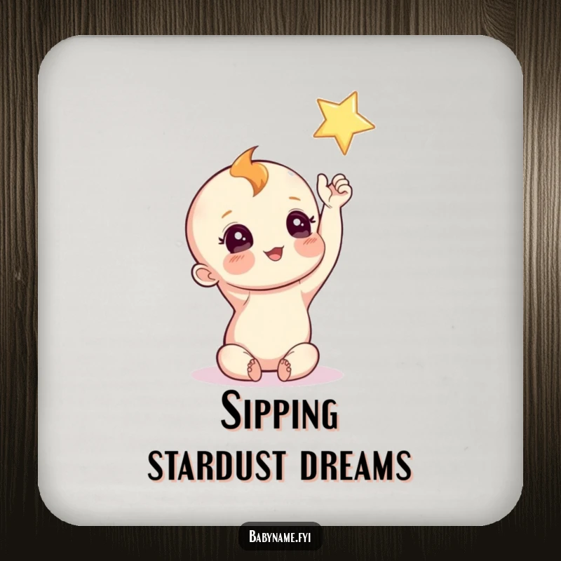 Funny Baby Star Coaster featuring a curious baby reaching for a twinkling star, protecting surfaces with dreams.