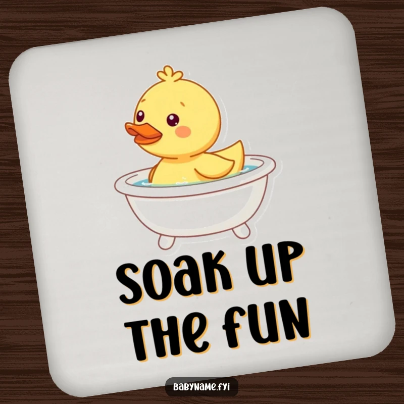 Funny happy duckling drink coasters, bobbing in a tiny bathtub, protecting surfaces with charm.