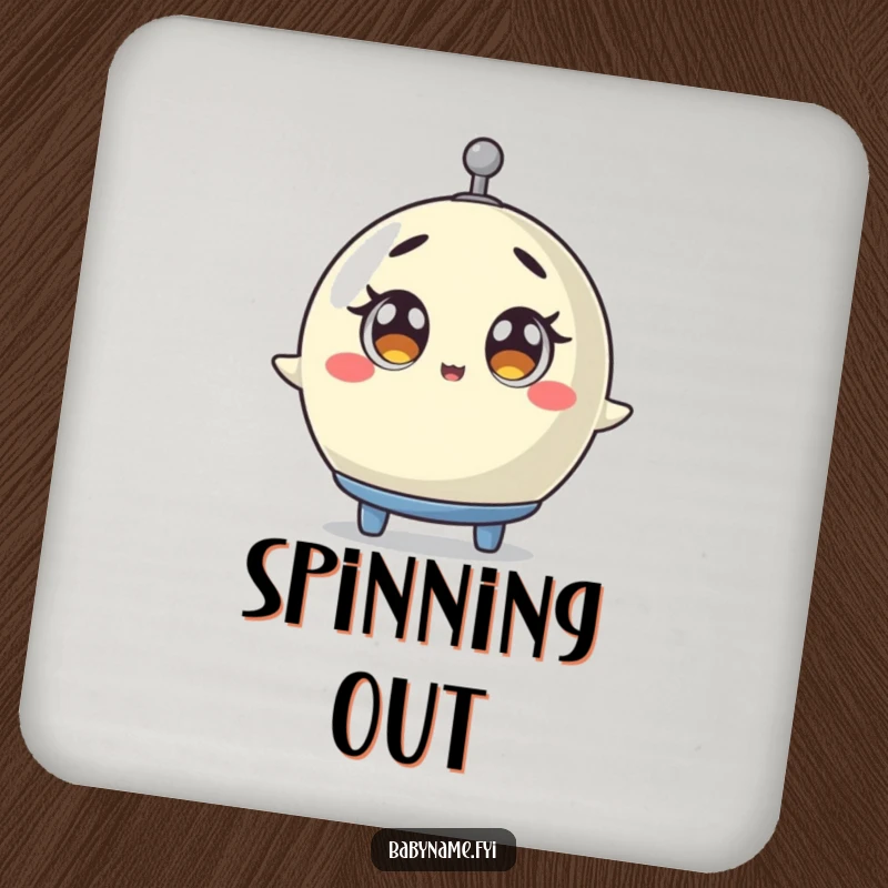 Funny baby mobile coaster featuring a mobile spinning with wide, surprised eyes, a humorous and functional accessory for protecting surfaces.