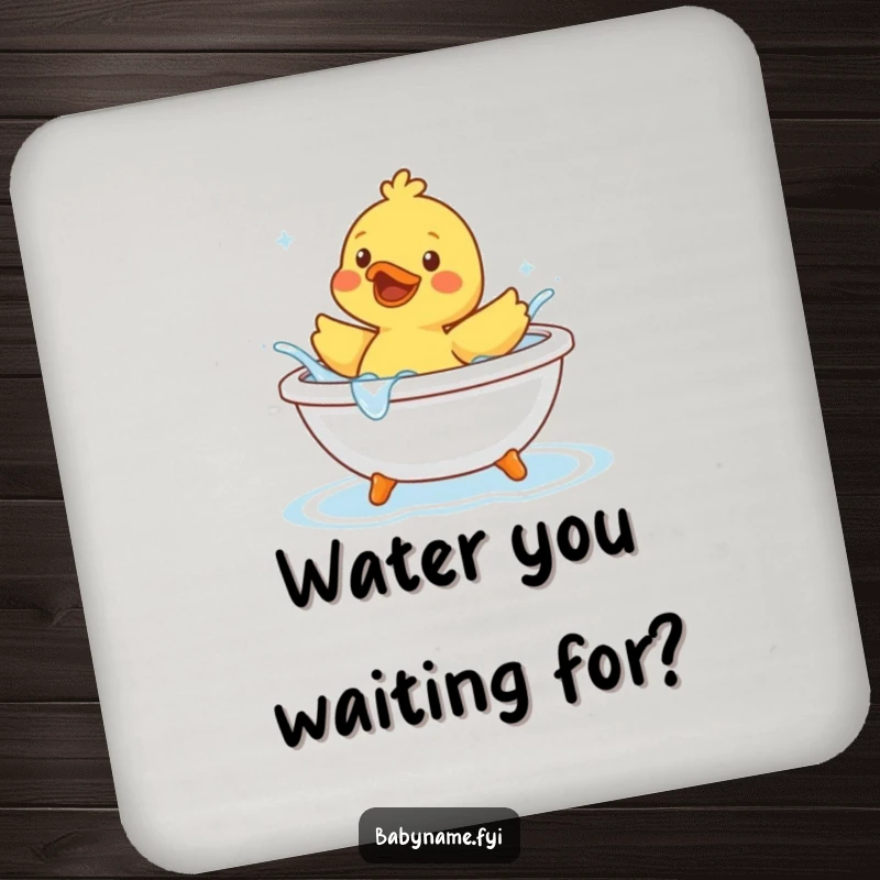 Funny rubber duck character joyfully splashing water in a tiny bathtub, illustrated on a drink coaster for parties or home.