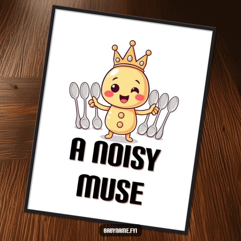 Funny Poster: A crowned rattle enthusiastically leading a symphony of spoons, a humorous and artistic statement.