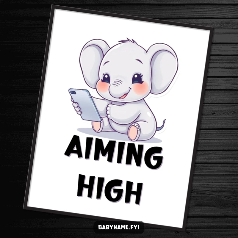 Funny Poster featuring a smiling baby elephant reaching for a mobile, radiating innocence and gentle humor, perfect for wall decor.