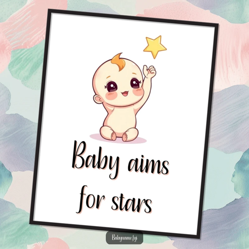 Funny Baby Star Poster of a curious baby reaching for a twinkling star, bringing dreamy wall art.