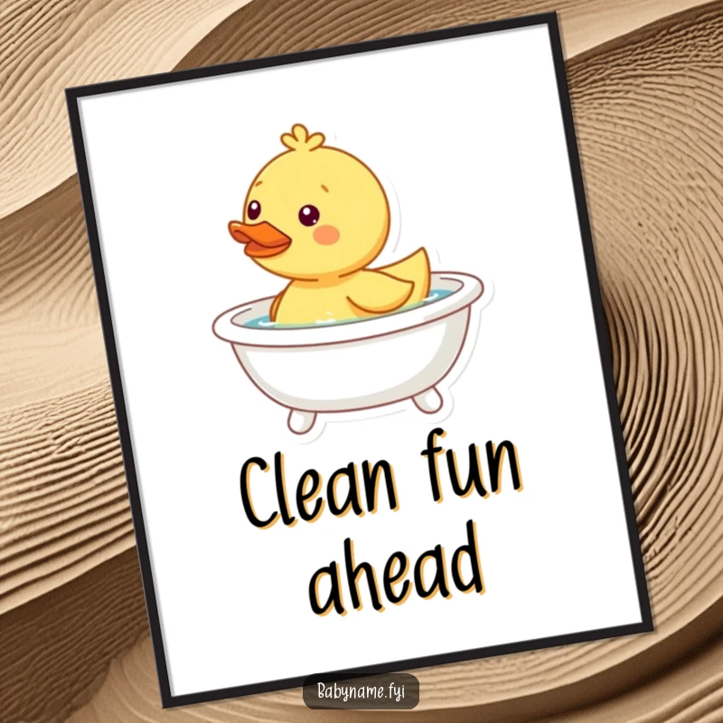 Funny happy duckling poster, bobbing in a tiny bathtub, bringing playful charm to wall decor.