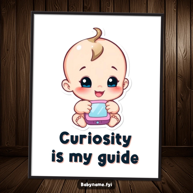 Funny poster print of a smiling baby character reaching for a soft, colorful mobile, evoking curiosity and delight.