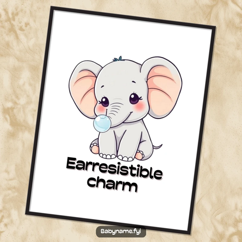 Funny kawaii baby elephant with exaggerated large ears, blowing a delicate bubble, depicted with sweetness and humor on this wall art poster.