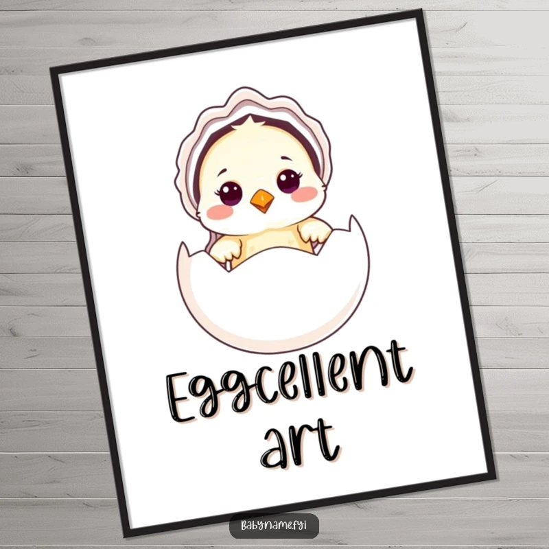 Funny Baby Bird Poster featuring a cute baby bird in a bonnet peeking from an egg, bringing adorable charm and humor.