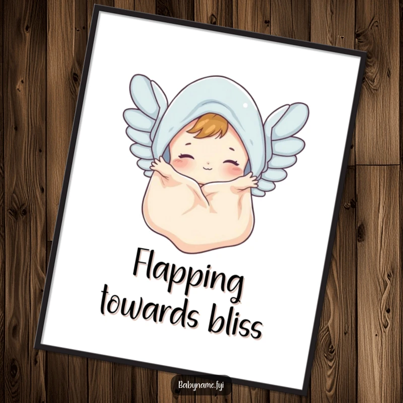 Funny baby blanket poster featuring a cute blanket flapping its edges like wings, a humorous and whimsical piece of wall art.
