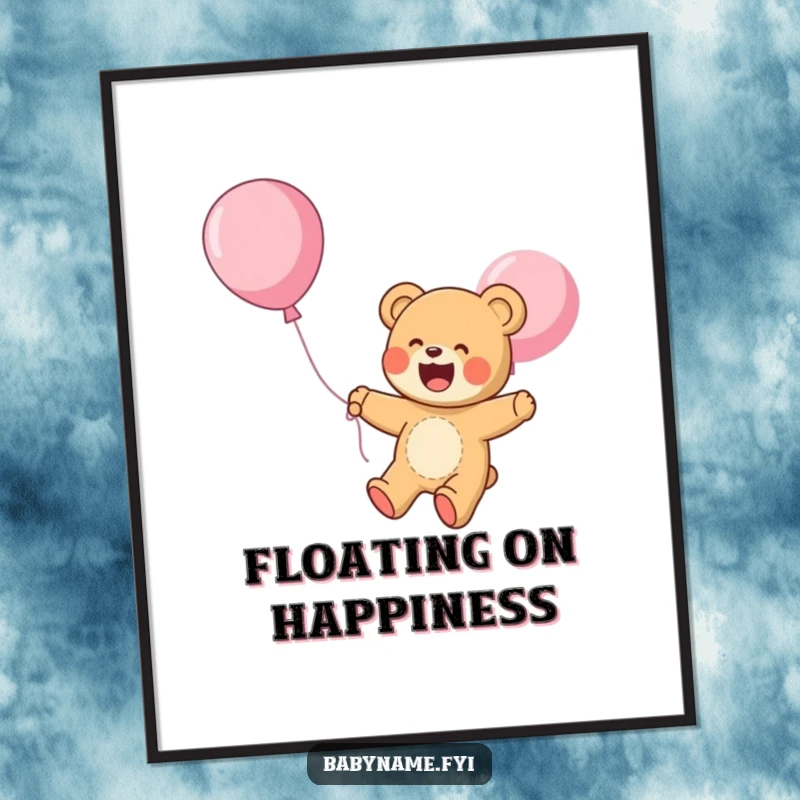 Funny Poster: A giggling teddy bear floats joyfully upwards on a balloon, capturing a moment of pure, carefree happiness and whimsical flight.