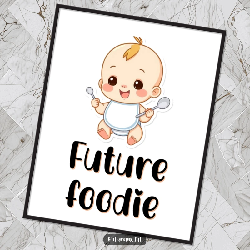 Funny baby poster showcasing a smiling baby character wearing a bib and holding a spoon. Charming and humorous wall art for nursery.