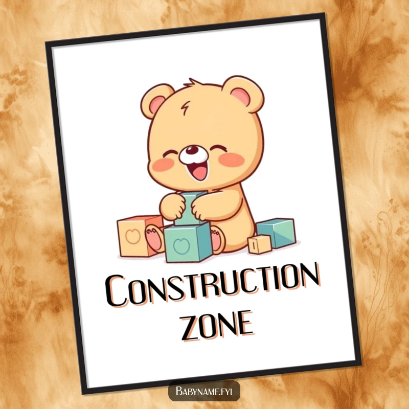 Funny poster print of a tiny baby bear character laughing gleefully while playing with colorful building blocks, capturing a moment of pure fun.