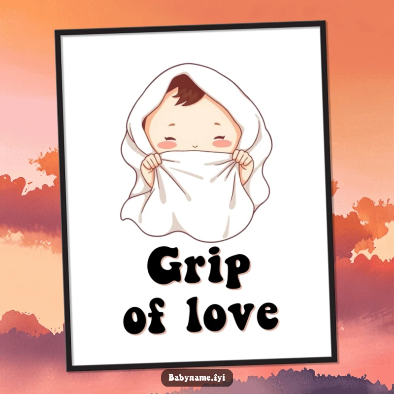 Funny baby blanket poster depicting tiny hands playfully tugging a soft blanket, evoking sweet, humorous parenting moments.