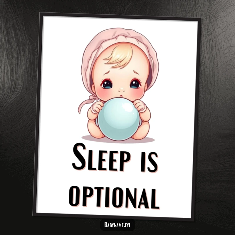 Funny baby in a bonnet peeking curiously over a rattle, a delightful and funny poster.